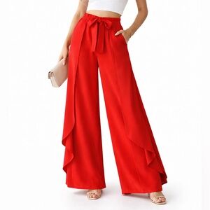 BLVD Red Wide Leg Tie Waist Pants Womens Large Flowy Palazzo Trousers